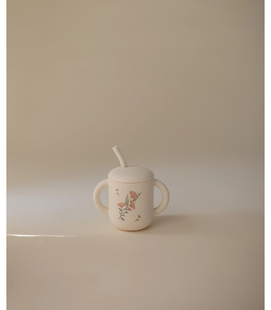 Mushie Pipetli Silikon Alıştırma Bardağı // Pink Flowers