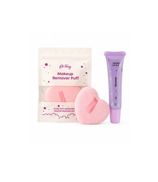 Oh Flossy Yıkanabilir Makyaj Temizleme Pufu - Doğal Dudak Parlatıcısı Grape Set