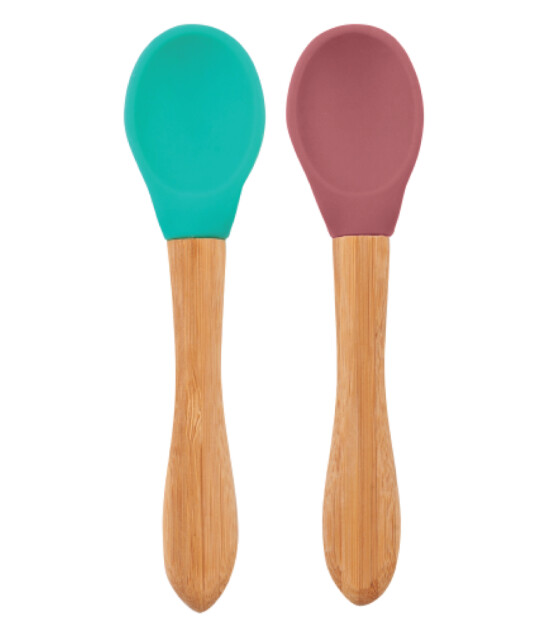OiOi Bambu Saplı Silikon Kaşık İkili Set // Velvet Rose - Aqua Green