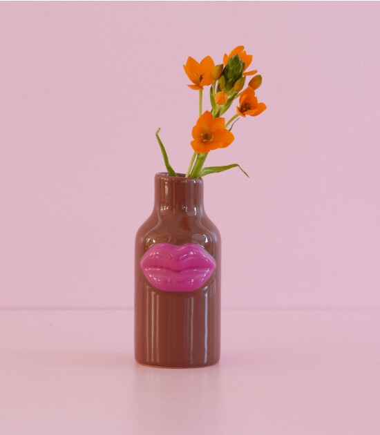 Rice Seramik Lips Vazo (XS) // Brown - Fuchsia