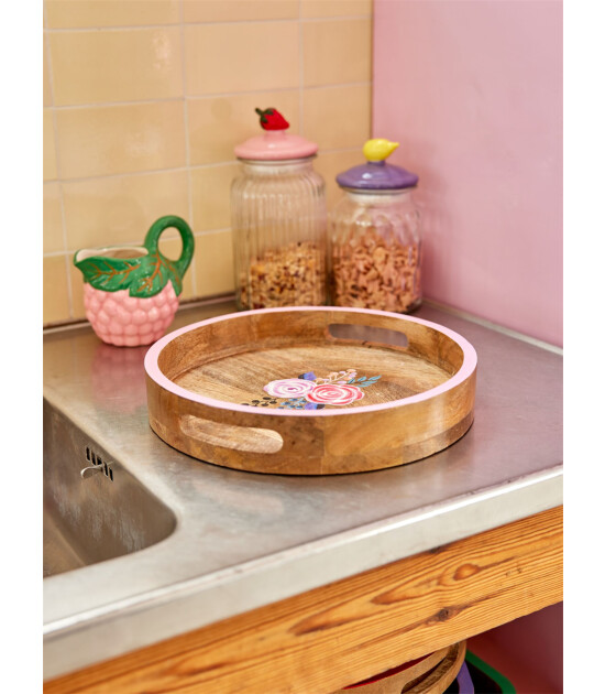 Rice Ahşap Yuvarlak El Boyaması Tepsi // Flower