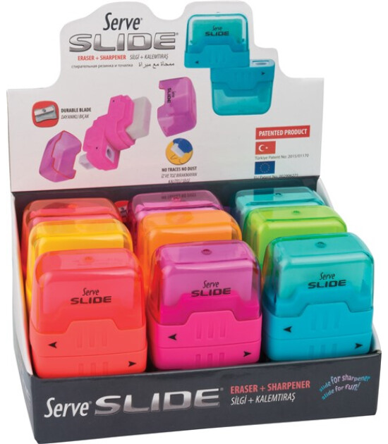 Serve Slide Silgili Kalemtıraş Karışık Renk (9 Adet)