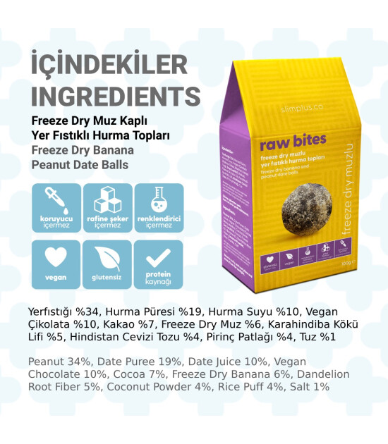 Freeze Dry Muz Kaplı Glutensiz Vegan Yerfıstıklı Hurma Topları Raw Bites 100gr