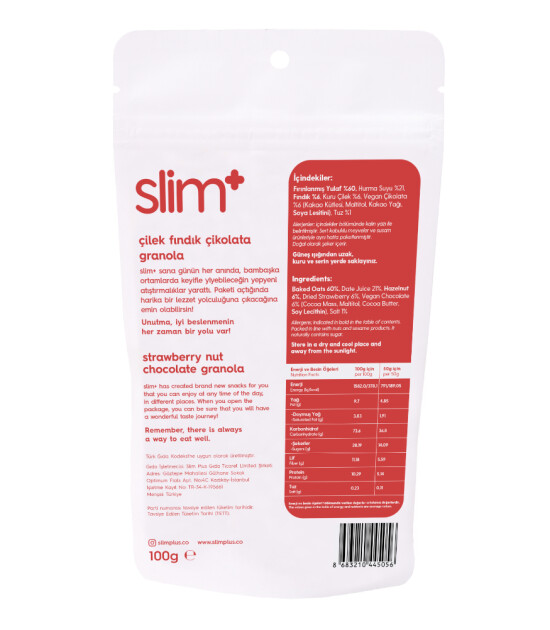 SlimPlus Co Glütensiz Granola (100 g) // Çikolata & Çilek & Fındık