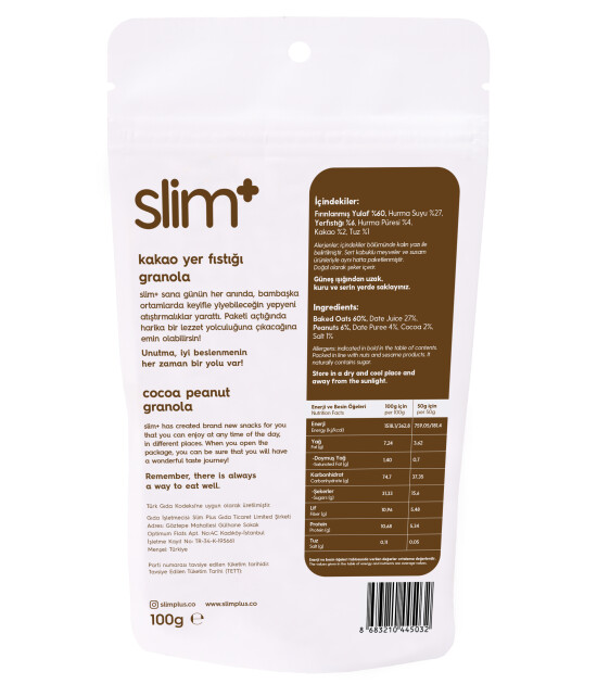 SlimPlus Co Glütensiz Granola (100 g) // Kakao & Yer Fıstığı
