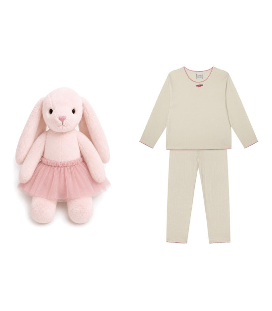 Antebies & Velvet Bunny Pijama Takımı ve Peluş Tavşan Hediye Seti // Güllü Krem Jakar