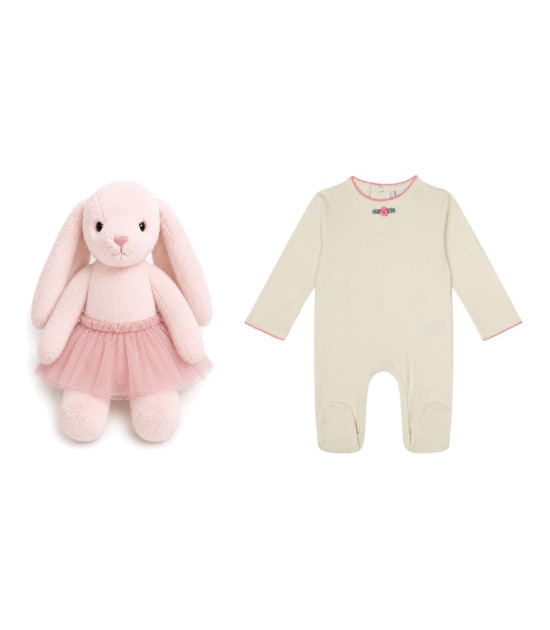 Antebies & Velvet Bunny Bebek Tulumu ve Peluş Tavşan Hediye Seti // Krem Jakar Gül Detaylı