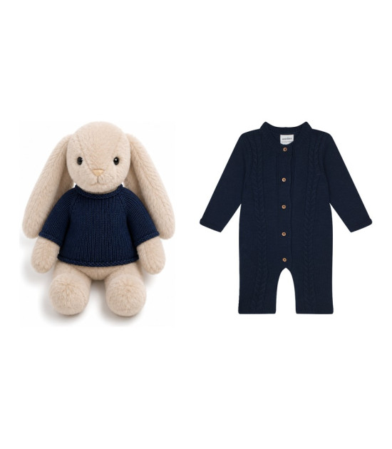 Antebies & Velvet Bunny Bebek Tulumu ve Peluş Tavşan Hediye Seti // Lacivert Saç Örgü Triko