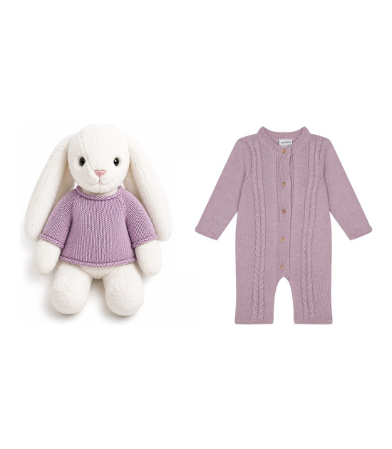 Antebies & Velvet Bunny Bebek Tulumu ve Peluş Tavşan Hediye Seti // Pembe Saç Örgü Triko