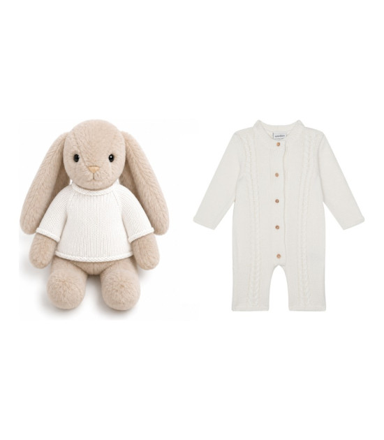 Antebies & Velvet Bunny Bebek Tulumu ve Peluş Tavşan Hediye Seti // Ekru Saç Örgü Triko
