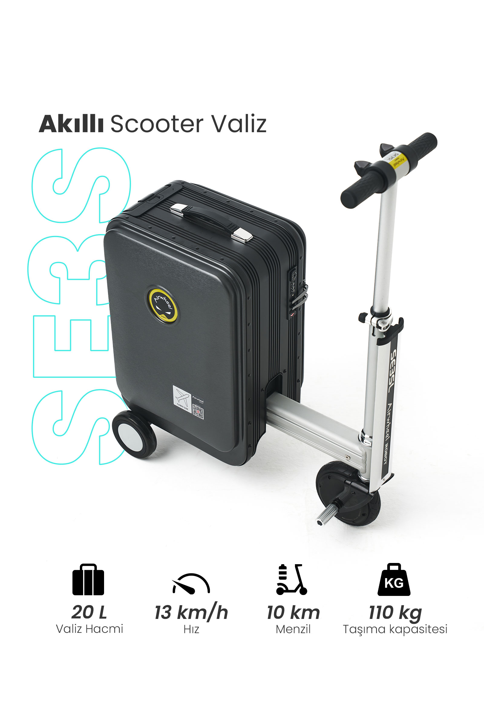 Airwheel SE3S Elektrikli Binilebilir Scooter Valiz // Siyah
