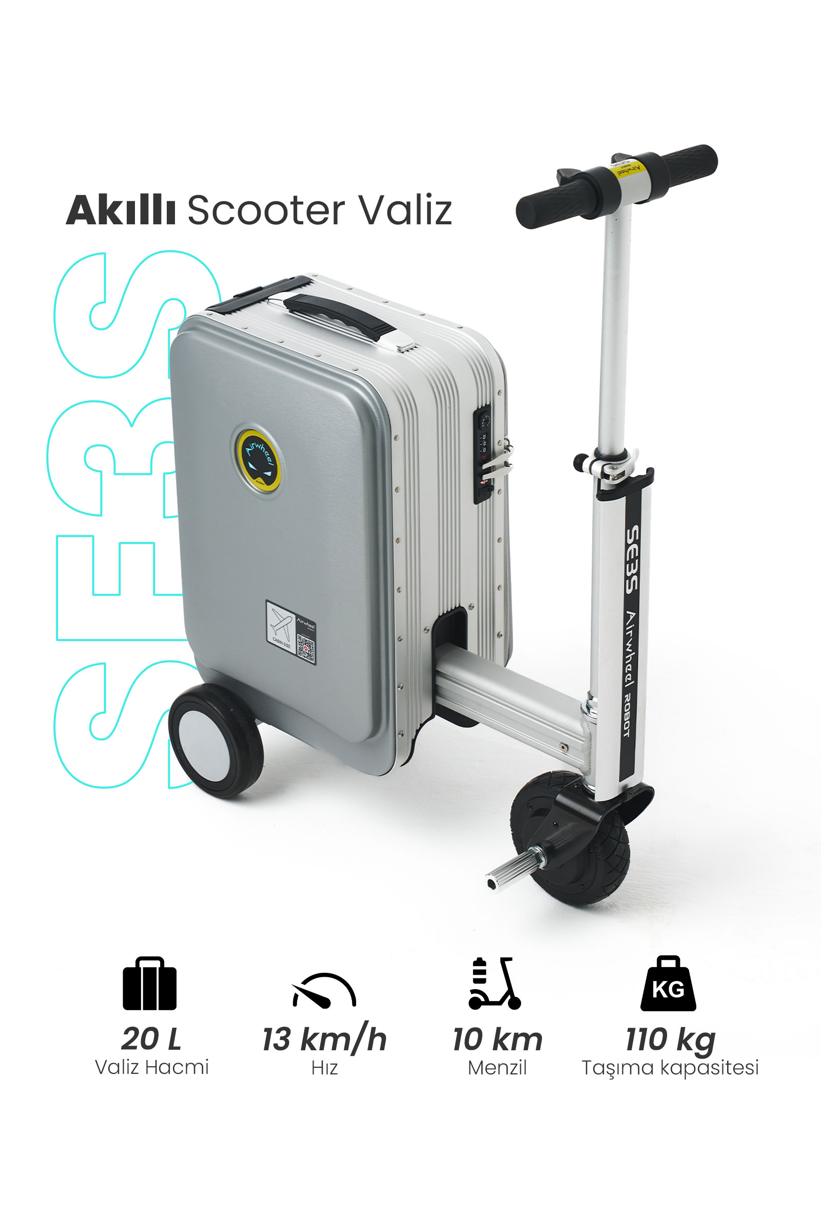 Airwheel SE3S Elektrikli Binilebilir Scooter Valiz // Gri