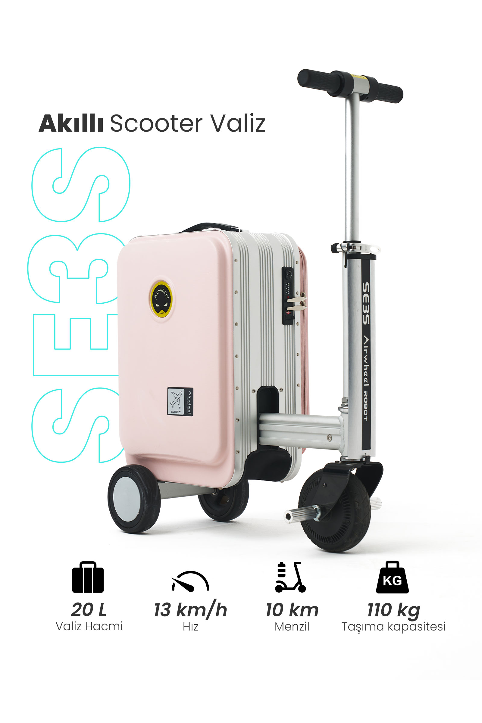 Airwheel SE3S Elektrikli Binilebilir Scooter Valiz // Pembe