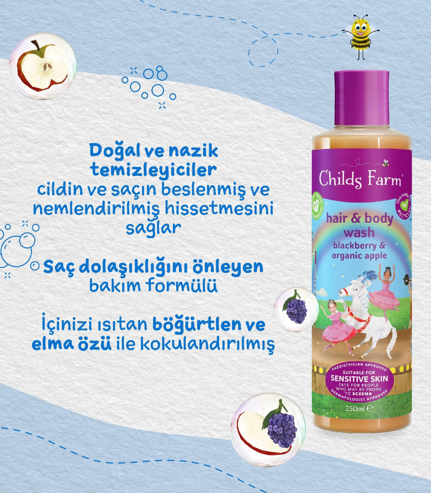 Childs Farm Böğürtlen ve Organik Elma Özlü Çocuk Saç ve Vücut Şampuan