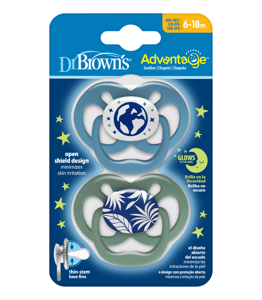 Dr. Brown's Advantage Silikon Emzik - İkili Set (6-18 Ay) // Doğa - Mavi (Karanlıkta Parlar)