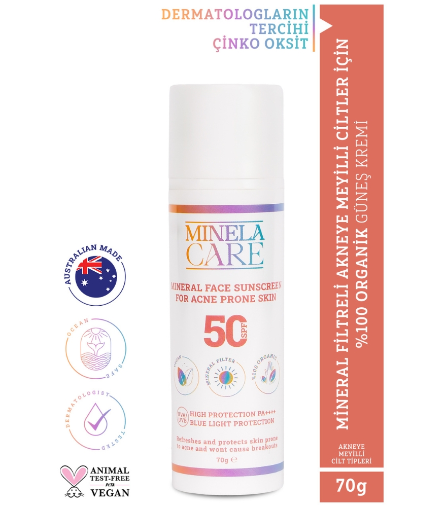 Minela Care 100% Organik Mineral Filtreli Akneye Meyilli Ciltler için Güneş Kremi (50 SPF)