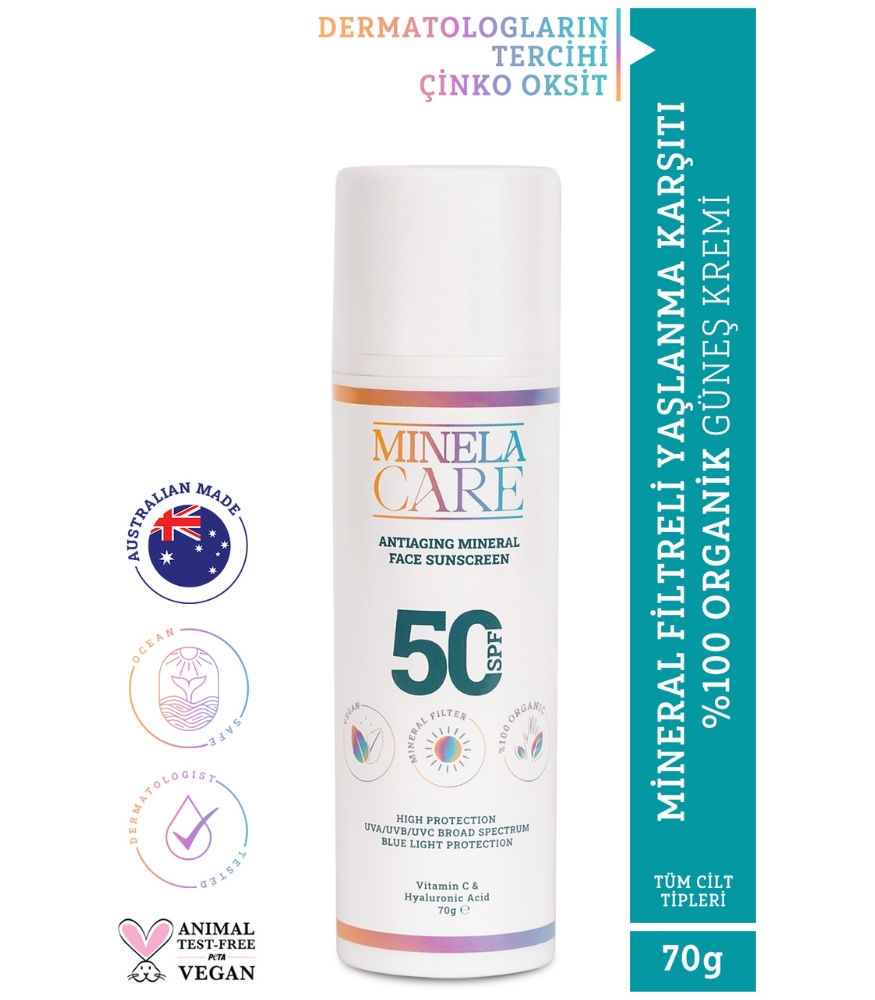 Minela Care 100% Organik Mineral Filtreli Leke ve Yaşlanma Karşıtı Yüz Güneş Kremi (50 SPF)