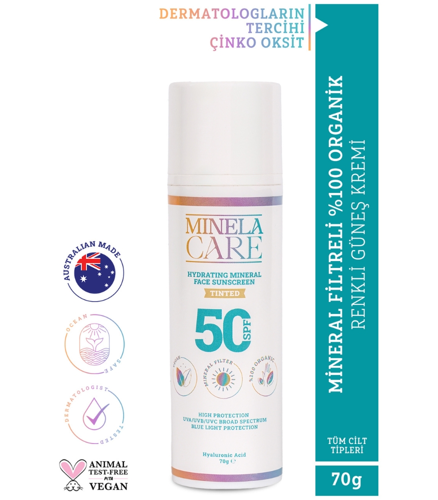 Minela Care 100% Organik Mineral Filtreli Nemlendirici Renkli Yüz Güneş Kremi (50 SPF)