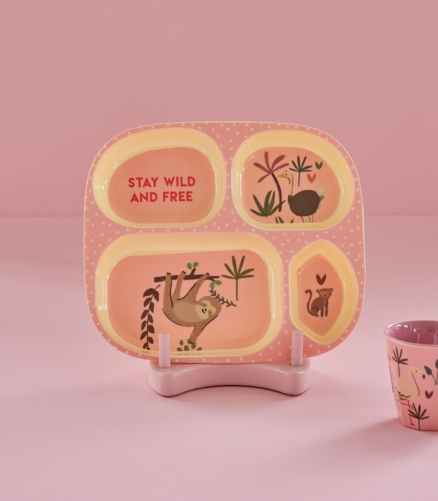 Rice Kids Melamin Bölmeli Tabak // Pink Jungle Animals