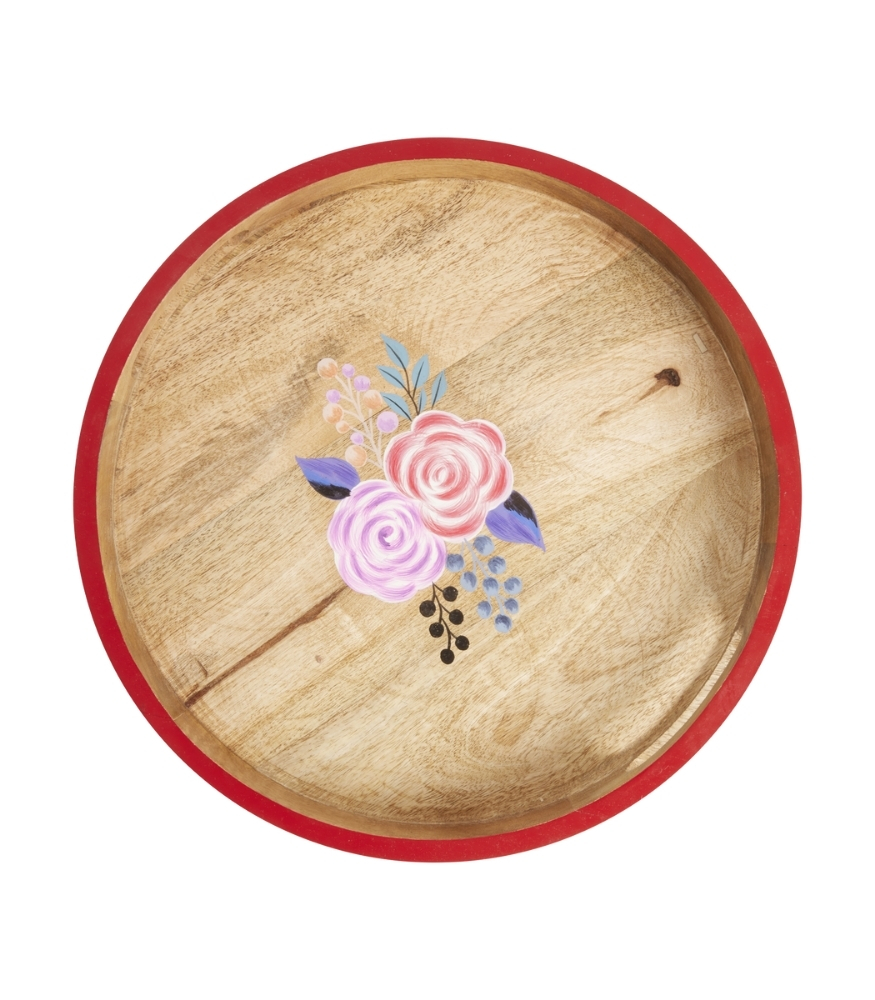 Rice Ahşap El Boyaması Tepsi (34 cm) // Red Edge and Flowers