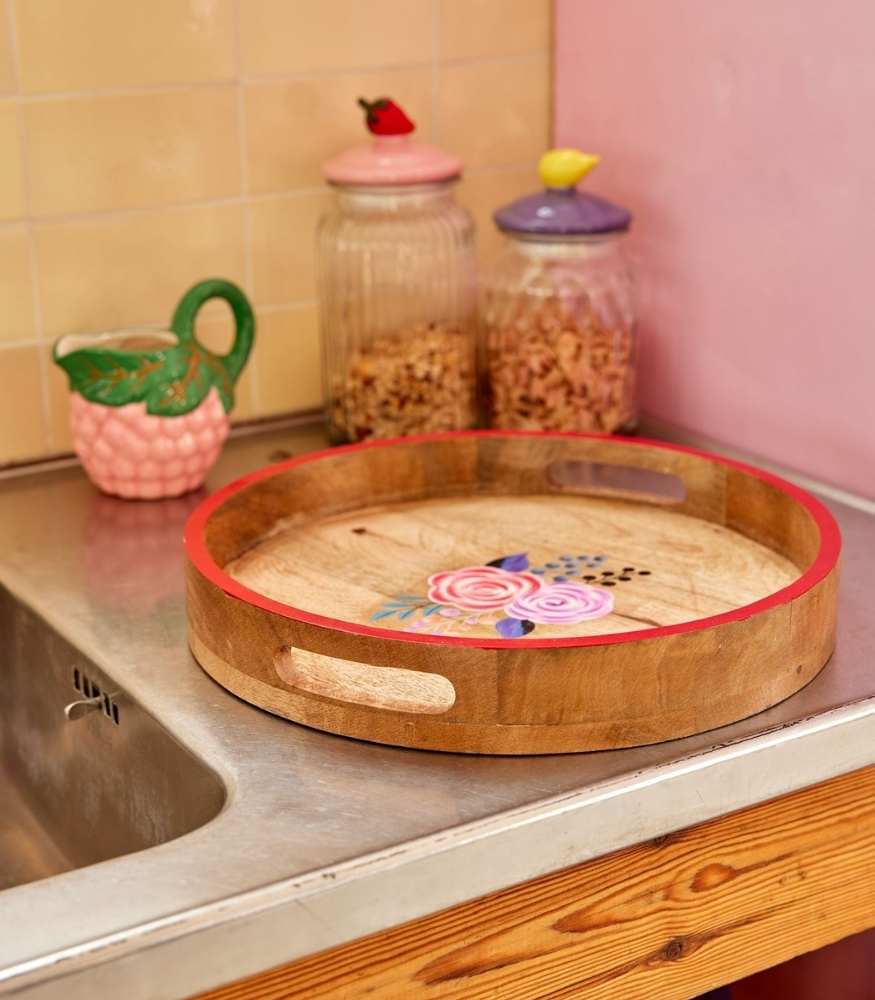 Rice Ahşap El Boyaması Tepsi (34 cm) // Red Edge and Flowers