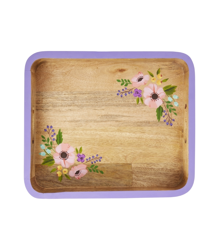 Rice Ahşap Diktörtgen El Boyaması Tepsi (S) // Purple Edge and Flowers