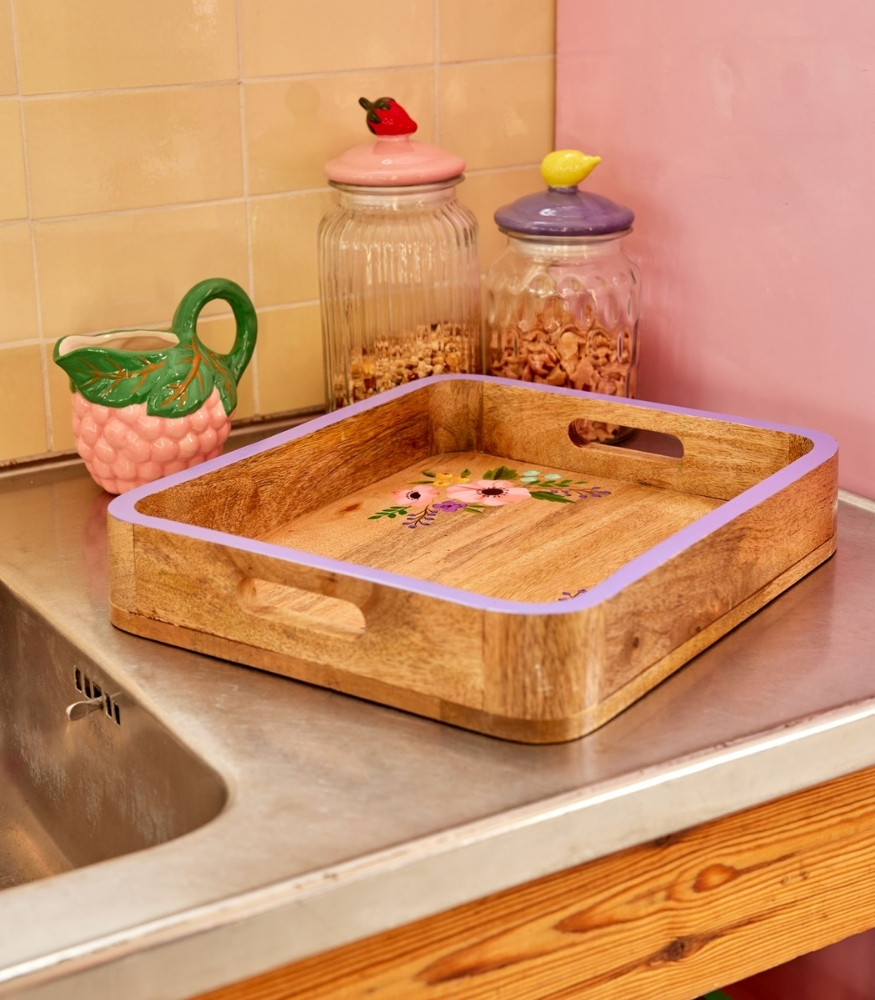 Rice Ahşap Diktörtgen El Boyaması Tepsi (S) // Purple Edge and Flowers