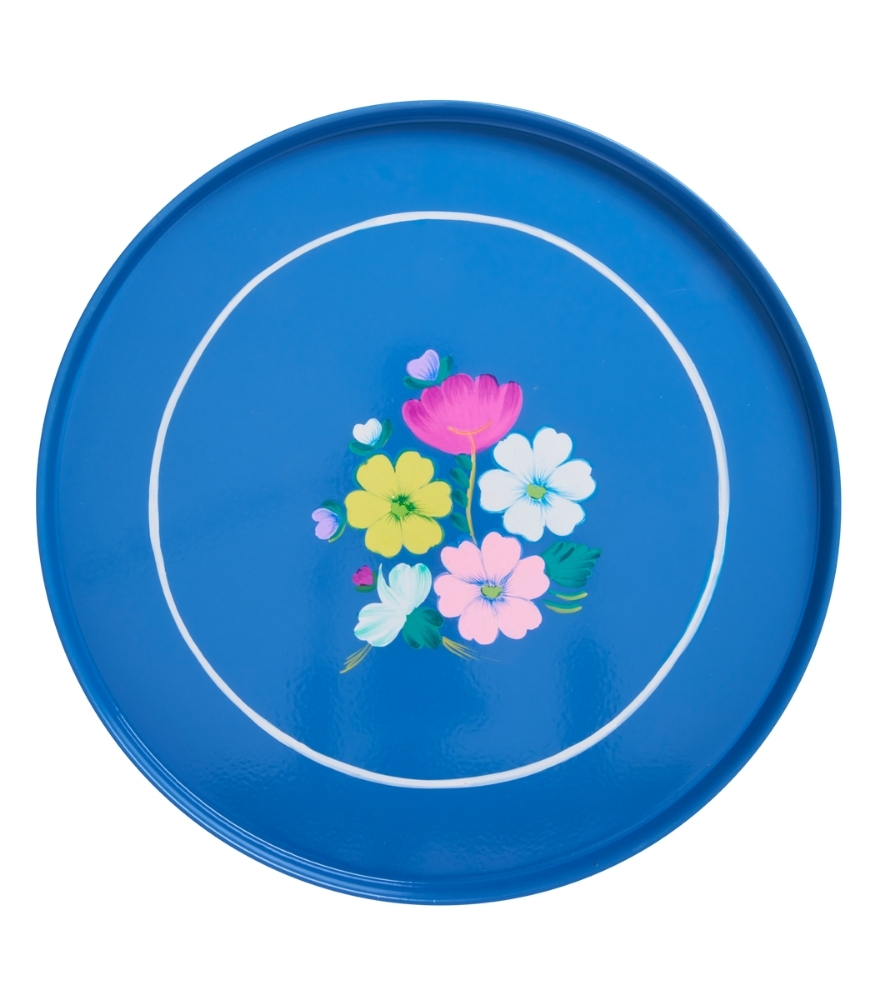 Rice Metal Yuvarlak Tepsi // Blue with Flower