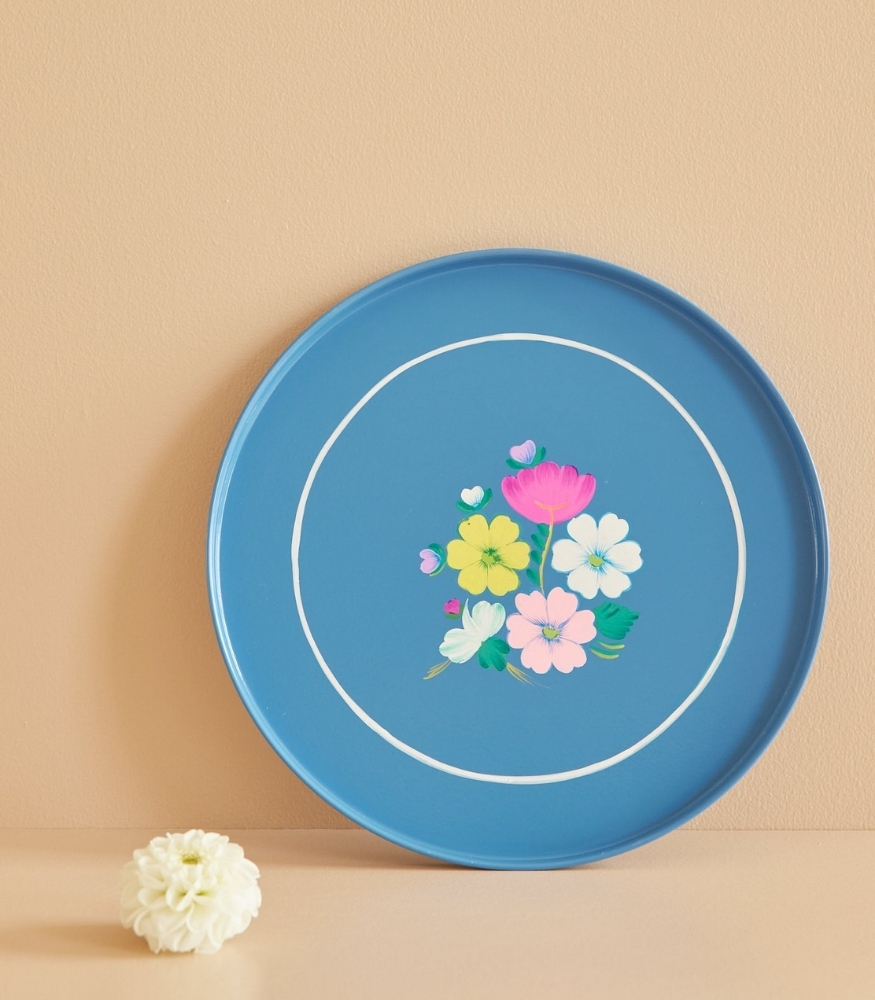 Rice Metal Yuvarlak Tepsi // Blue with Flower