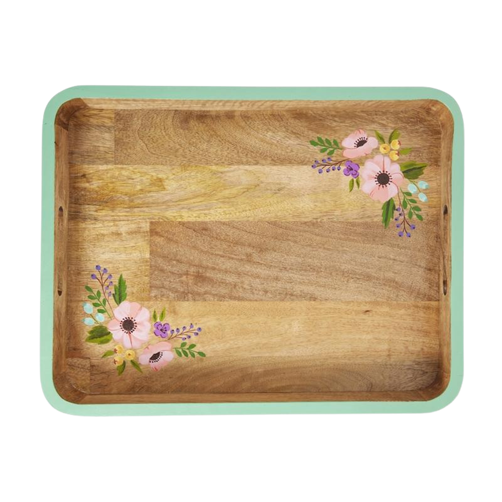 Rice Ahşap Diktörtgen El Boyaması Tepsi (L) // Mint Egde and Flowers