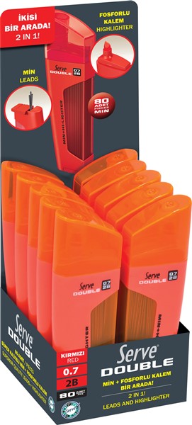 Serve Double Min + Kurşun Kalem Ucu - Fosforlu Kalem (0.7 mm) // Kırmızı