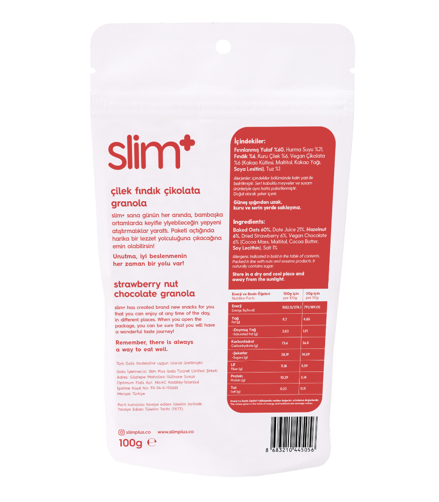 SlimPlus Co Glütensiz Granola (100 g) // Çikolata & Çilek & Fındık