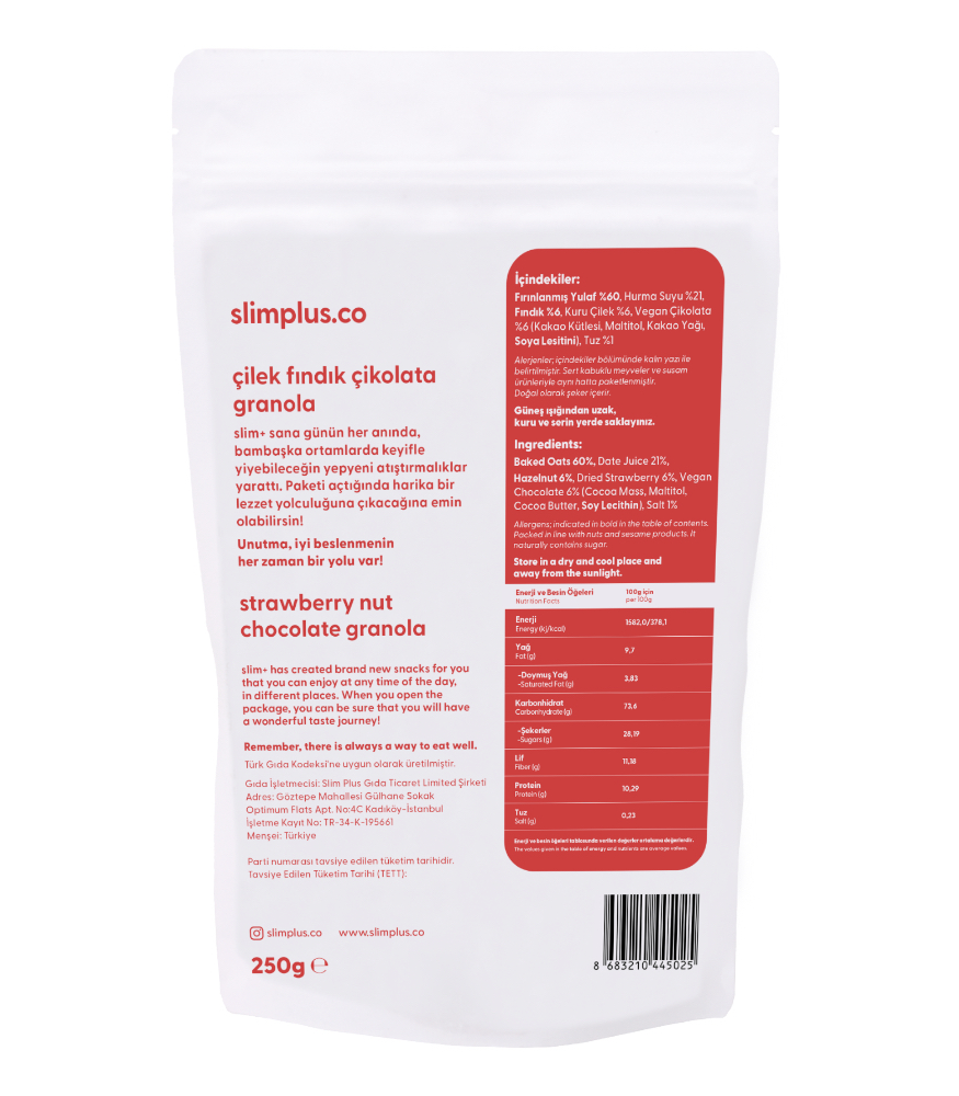 SlimPlus Co Glütensiz Granola (250 g) // Çikolata & Çilek & Fındık