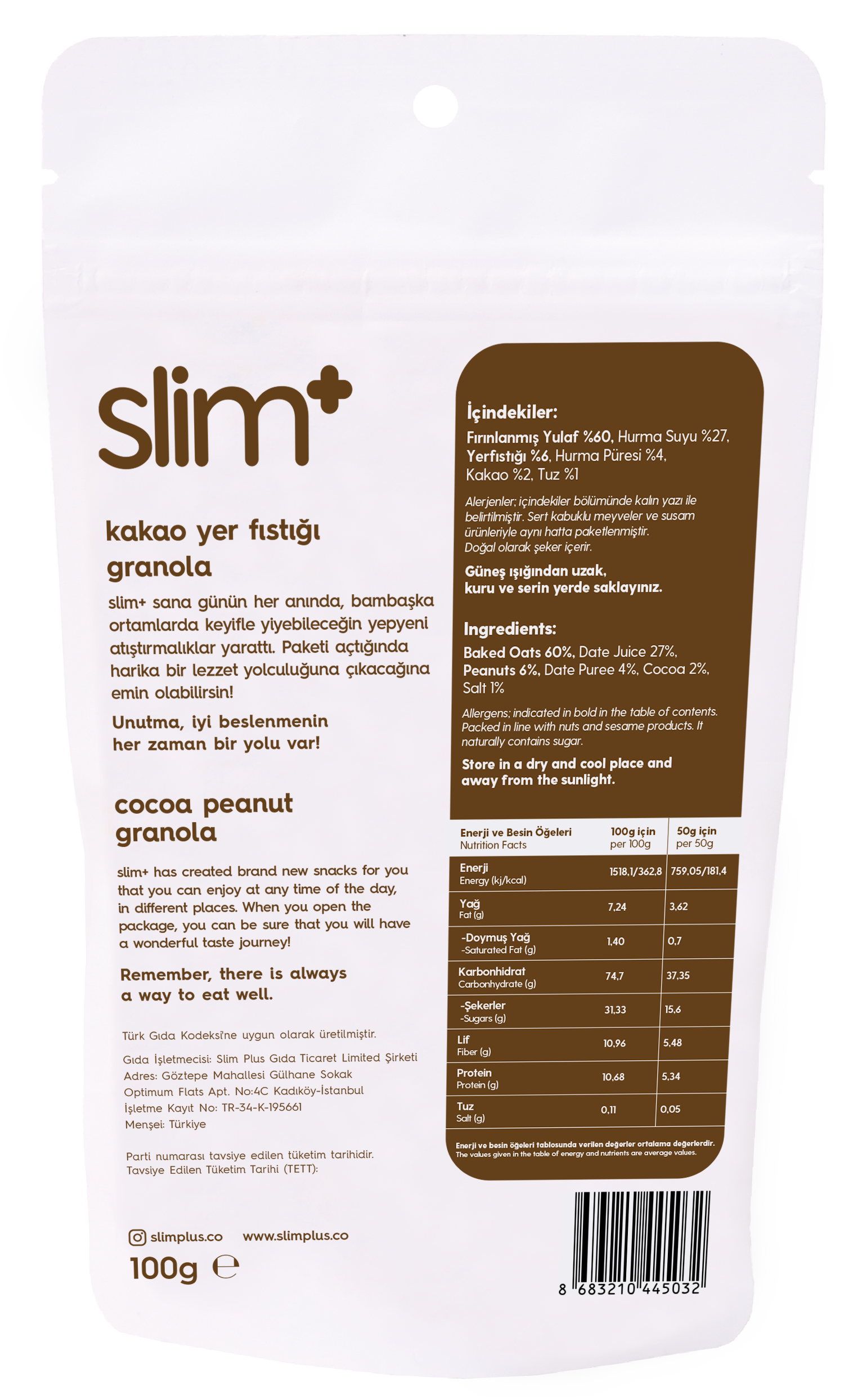 SlimPlus Co Glütensiz Granola (100 g) // Kakao & Yer Fıstığı