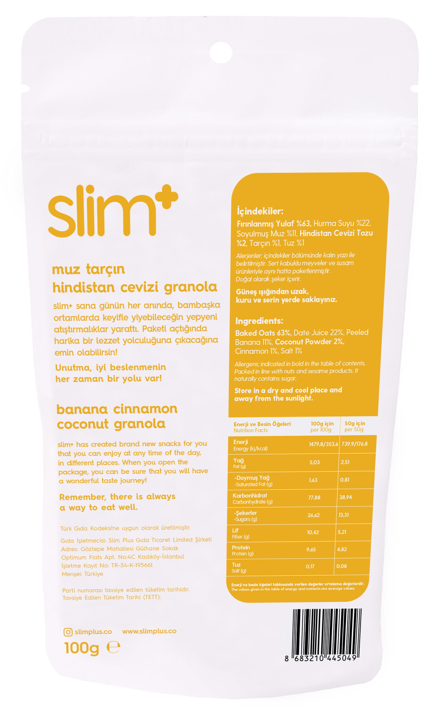 SlimPlus Co Glütensiz Granola (100 g) // Muz & Tarçın & Hindistan Cevizi