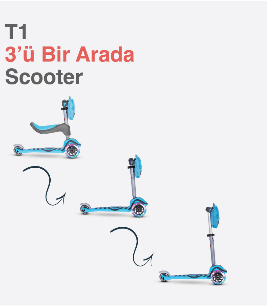 SmarTrike T1 3&rsquo;&uuml;1 Arada Oturaklı ve &Ccedil;antalı &Ccedil;ocuk Scooterı (15 Ay - 5 Yaş) // Blue